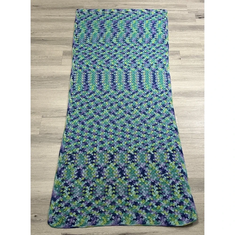 Handmade Crochet Throw Blanket Knit Lap Pastel Blue Purple Green Zig Zag 68 x 31